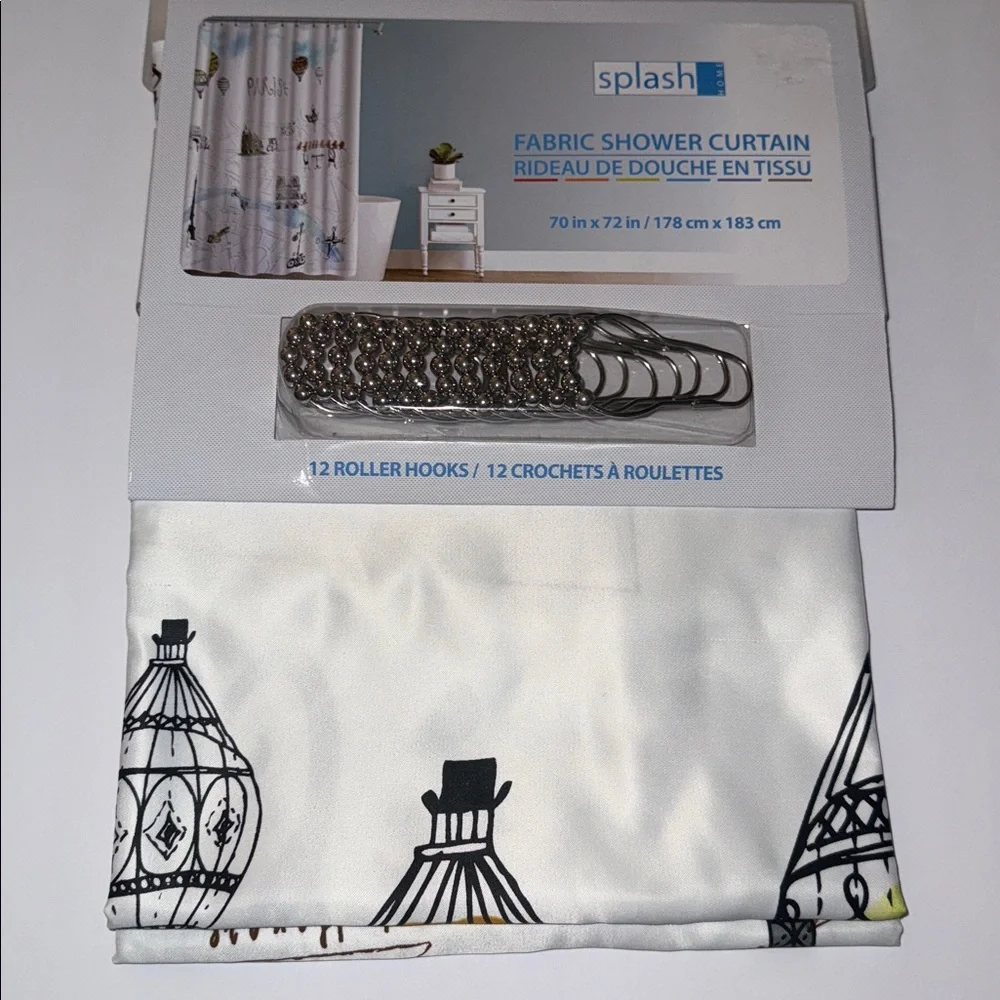 New Splash Polyester Shower Curtain 72” x 72” Paris Theme with 12 Roller Hooks
